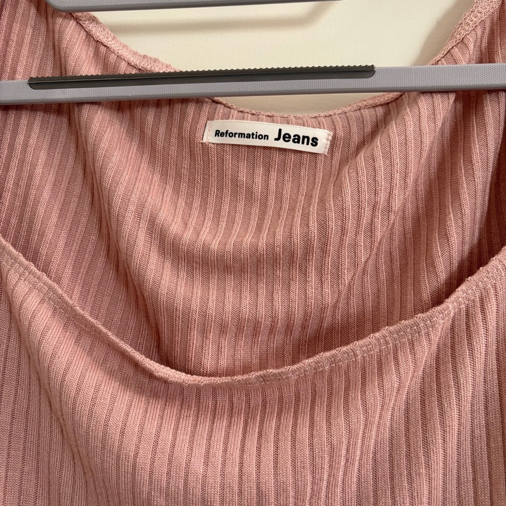 Reformation Blush Pink Square Neck Short Sleeve Ribbed Soft Stretchy Top Sz S - Picture 2 of 6